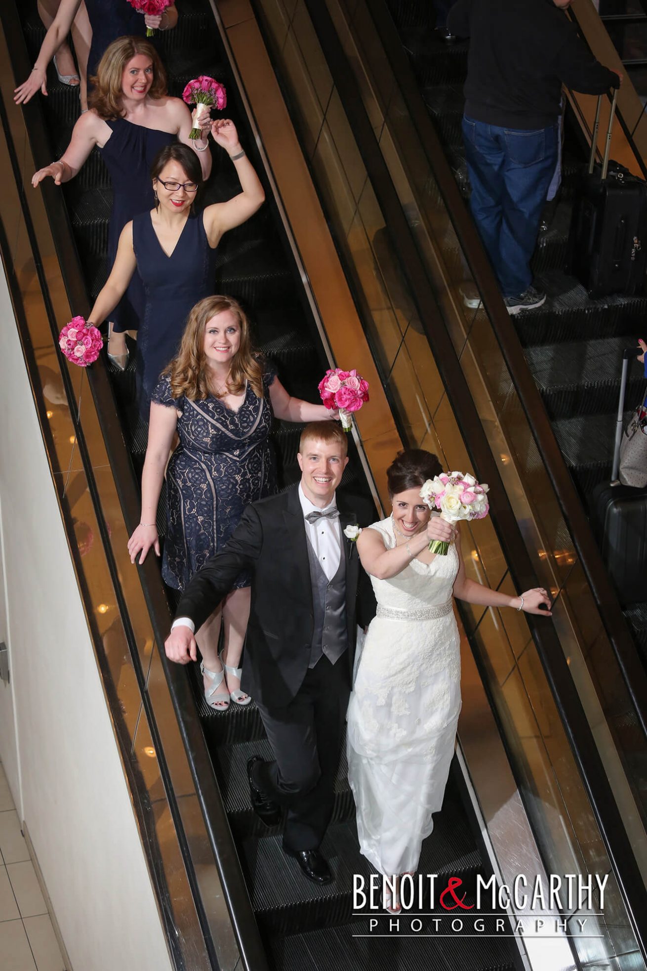Bridal Party on Escalator at Marriott Long Wharf