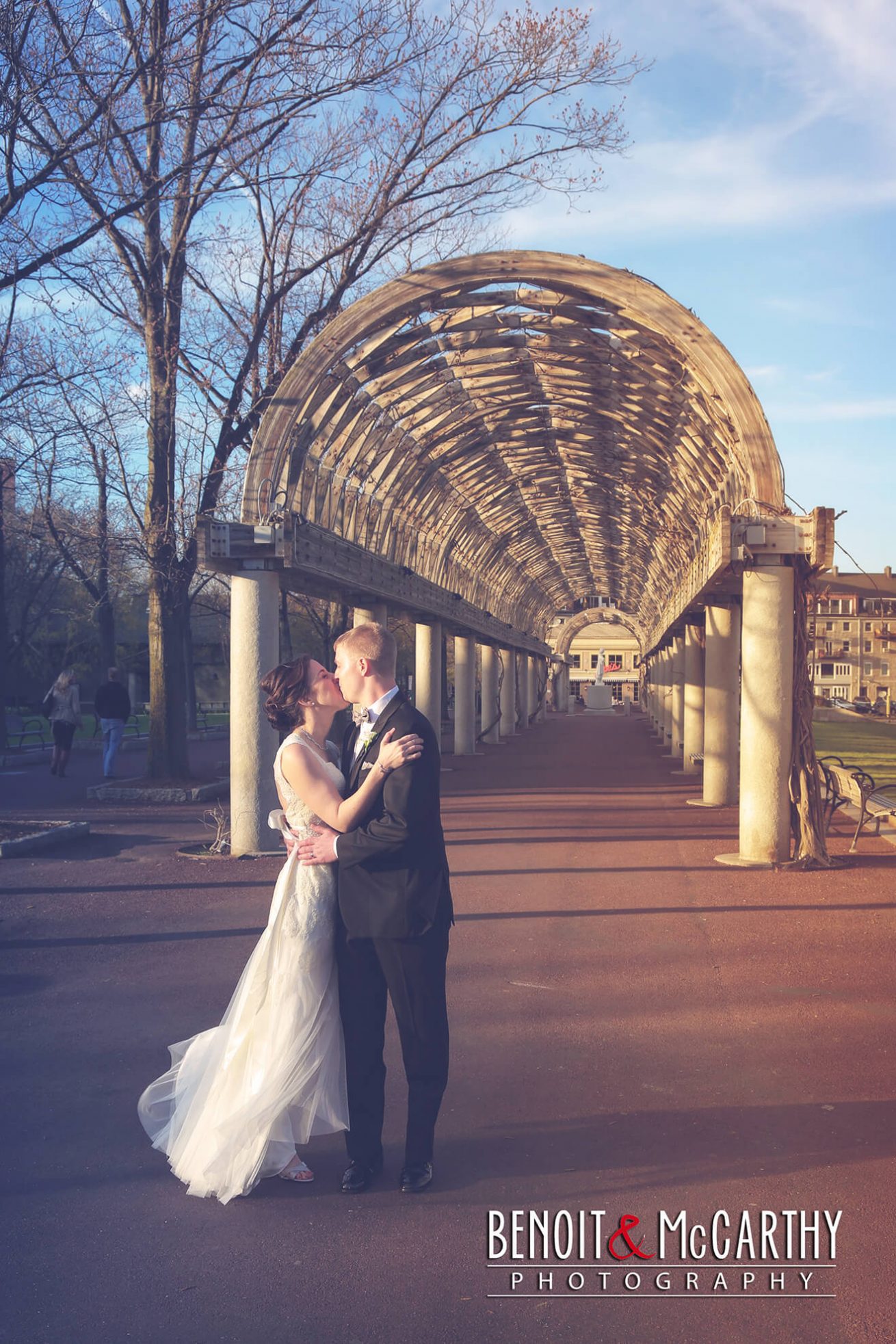 Bride & Groom in front of Christopher Culombus Park by Marriott Long Wharf