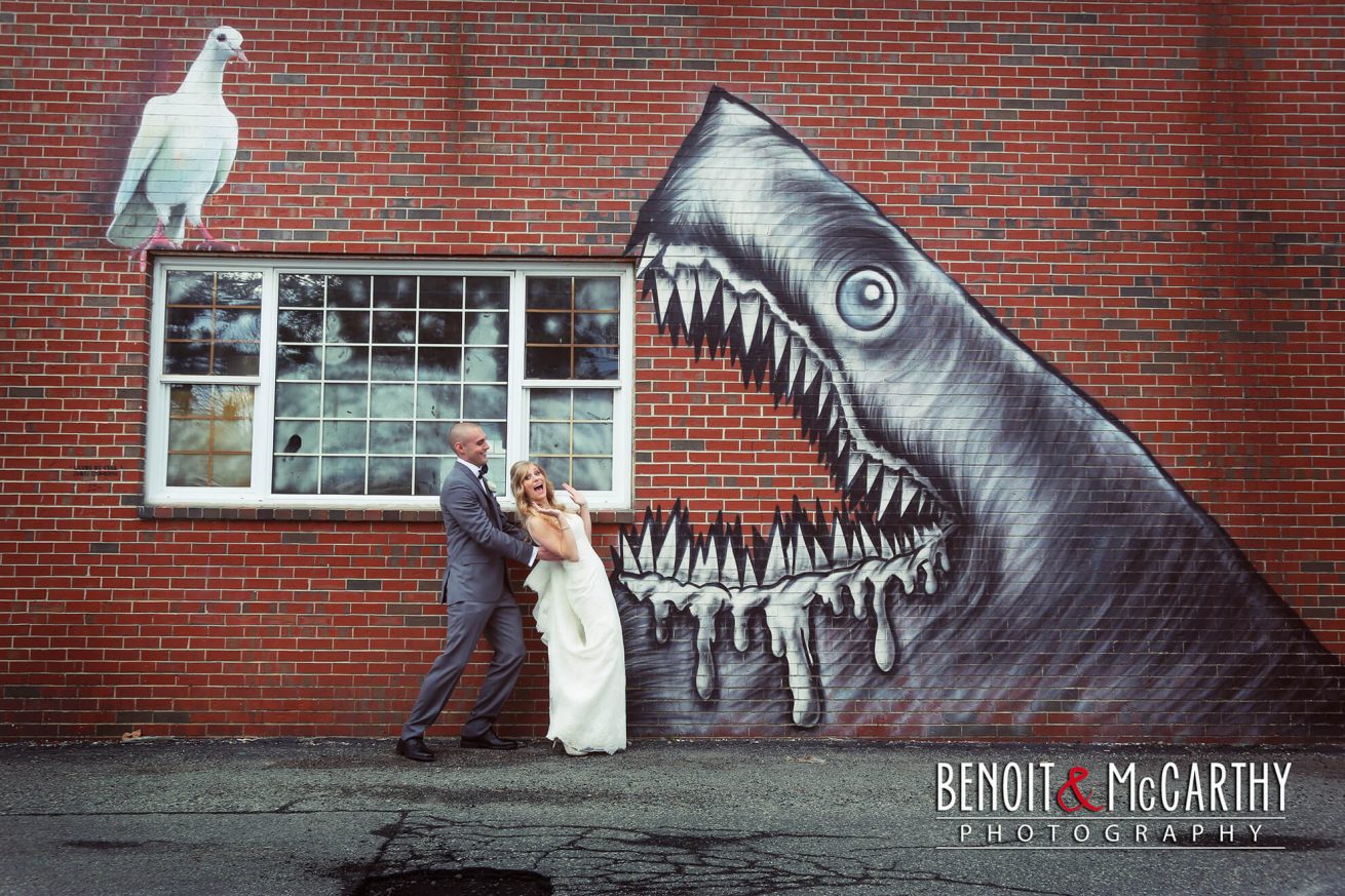 Bride & Groom having fun with Shark Mural  at Portsmouth Harbor Events