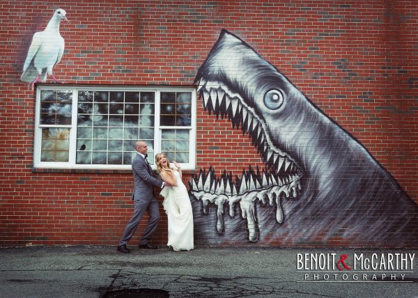 Bride & Groom having fun with Shark Mural at Portsmouth Harbor Events