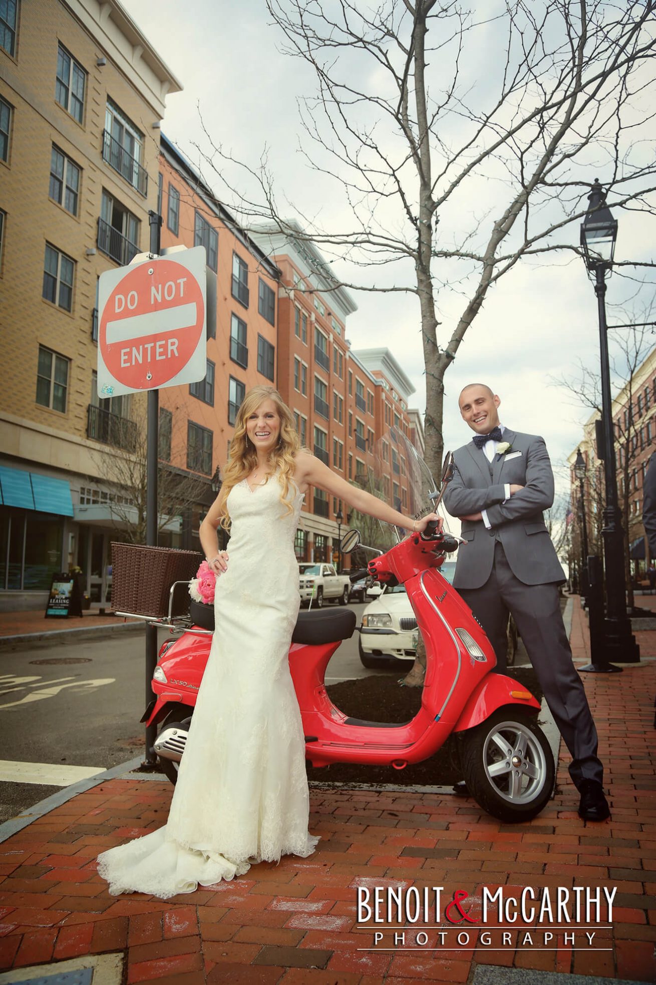 Bride & Groom Downtown with Red Scoter at Portsmouth at Portsmouth Harbor Events