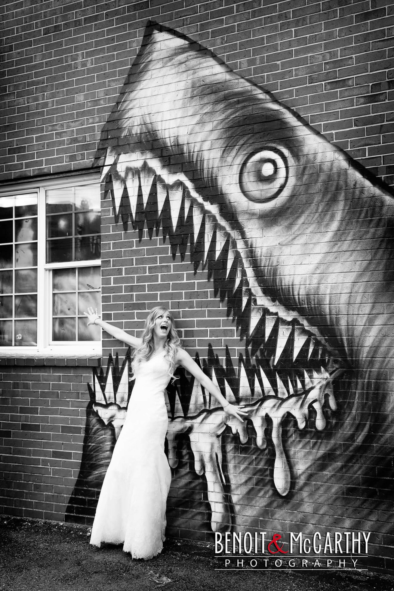 Bride having Fun with Shark Mural  at Portsmouth Harbor Events